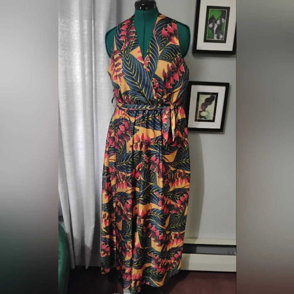 Coolples Tropical Printed V-Neck Sleeveless Maxi Dress, Sz L - Picture 9 of 14